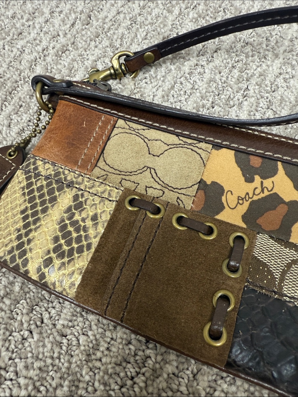 Coach Y2K Patchwork Leather & Suede Medium Wristlet in Brown and Gold Tones - Picture 3 of 10